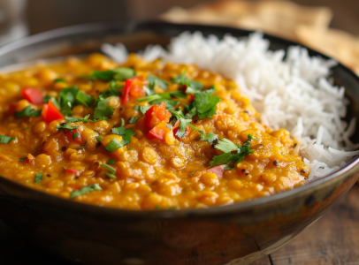 Indisches Dal aus Korallenlinsen, Spinat und Kokosmilch