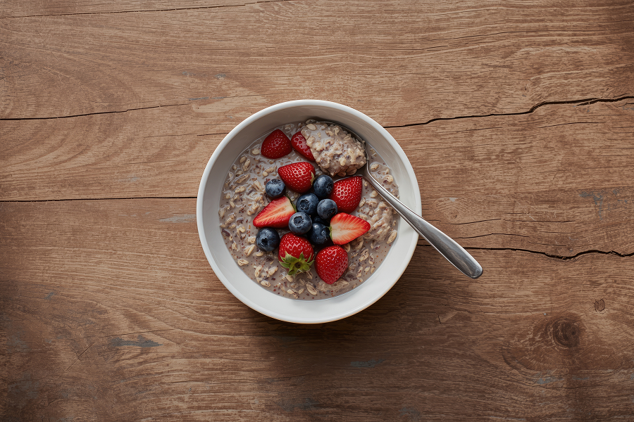 Gröt på fullkornshavregryn med bär och frön – nyttig frukost