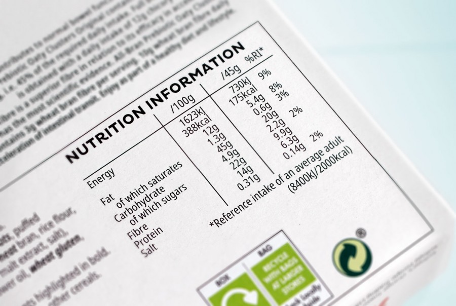 Nutrition label on the back of food packaging